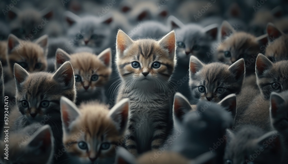 A pack of cats of varying breeds and sizes face the viewer, thousand