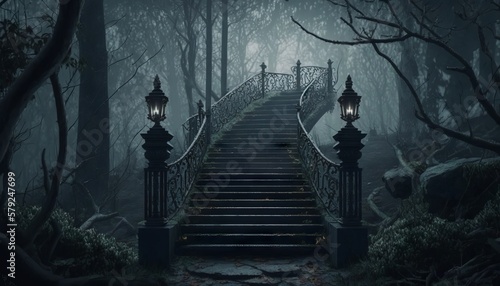 Staircase in the forest. Generative AI. Halloween concept
