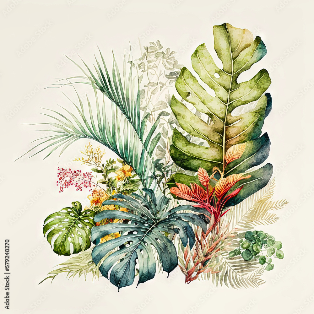 Obraz premium Beautiful colorful tropical leaves. Abstract background or wallpaper. Printable artwork. Generative AI.