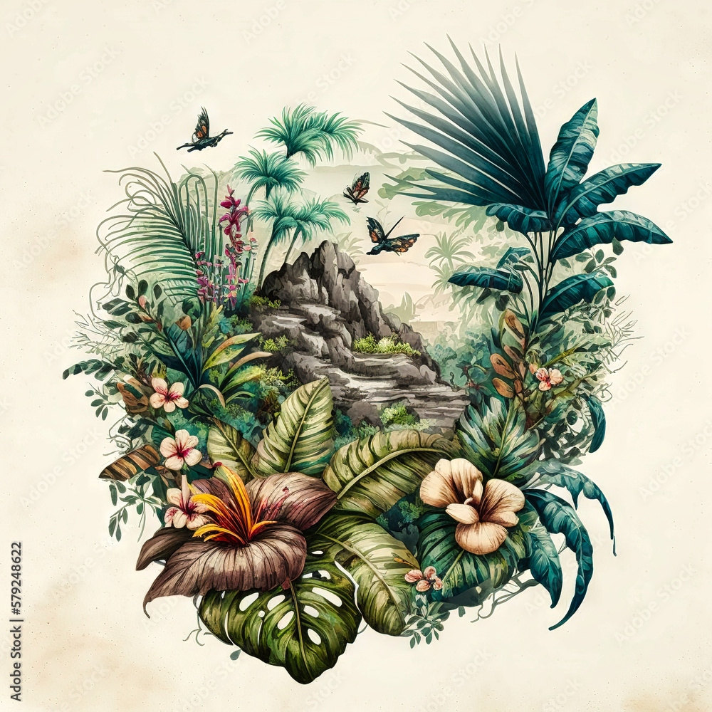 Fototapeta premium Beautiful colorful tropical leaves. Abstract background or wallpaper. Printable artwork. Generative AI.