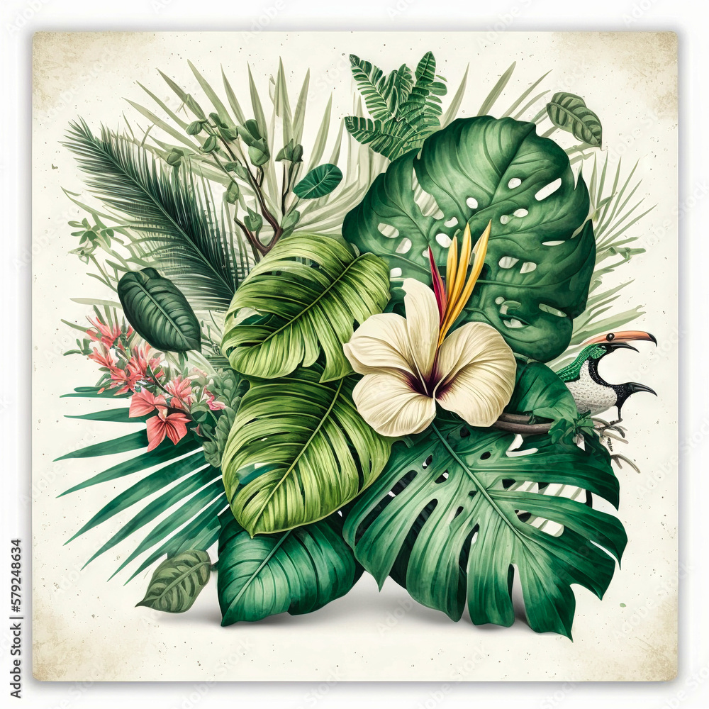 Naklejka premium Beautiful colorful tropical leaves. Abstract background or wallpaper. Printable artwork. Generative AI.