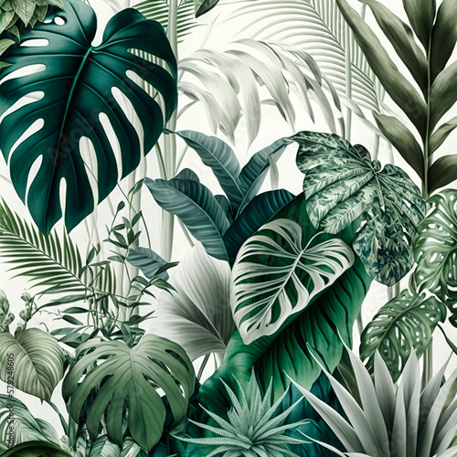 Beautiful colorful tropical leaves. Abstract background or wallpaper. Printable artwork. Generative AI.