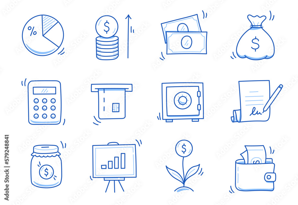 Hand drawn business icon set. Finance, money, investment icon sketch doodle blue pen stroke style. Business money, calculator, wallet element. Vector illustration - obrazy, fototapety, plakaty 