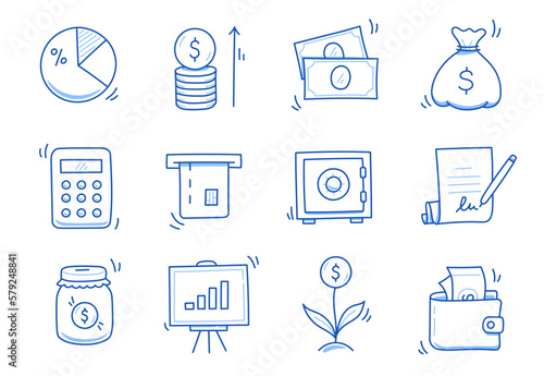 Hand drawn business icon set. Finance, money, investment icon sketch doodle blue pen stroke style. Business money, calculator, wallet element. Vector illustration
