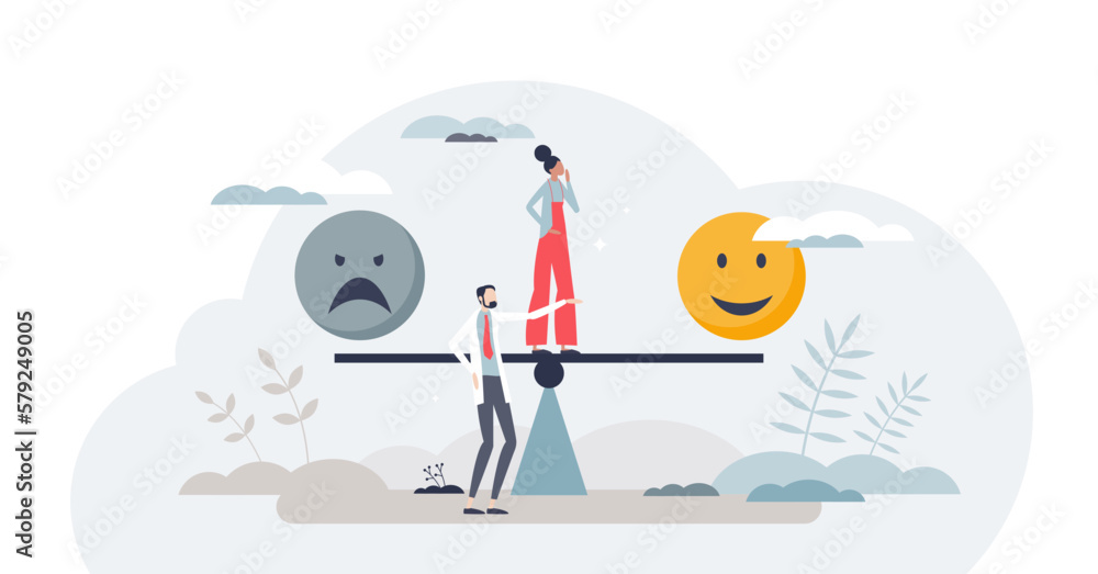 Cognitive behavioral therapy or CBT for dual feelings and emotional disorders tiny person concept, transparent background. Balance for depression or happy mindset. - obrazy, fototapety, plakaty 