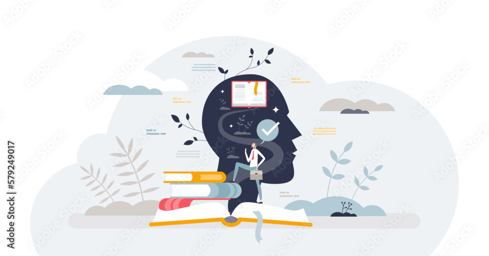Continuing education and lifelong knowledge development tiny person concept, transparent background. Keep learning for potential professional and mental improvement illustration. - obrazy, fototapety, plakaty 