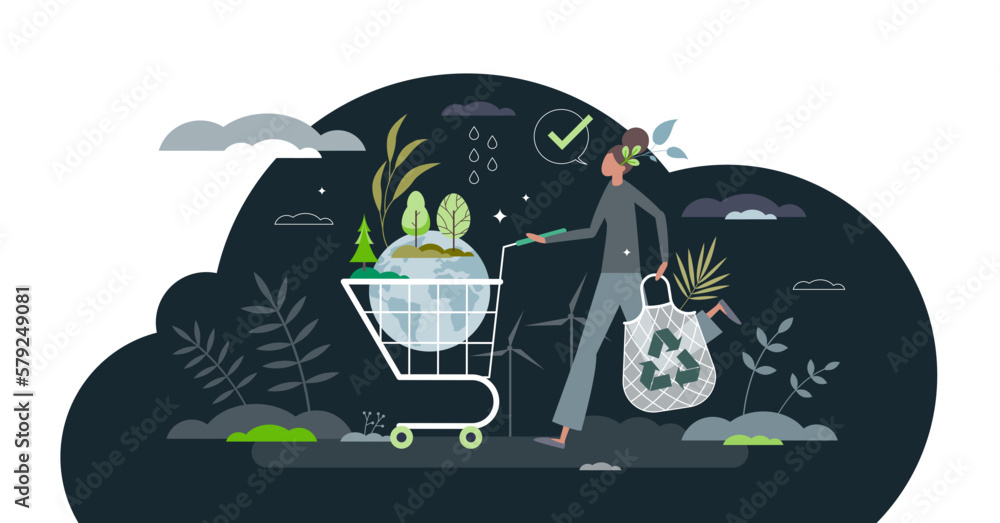 Eco consumer as responsible customer with green lifestyle tiny person concept, transparent background. Zero waste choices to save planet water and resources illustration. - obrazy, fototapety, plakaty 