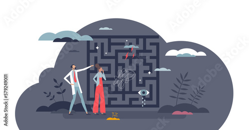 Cognitive behavioral therapy or CBT for emotion solution tiny person concept, transparent background. Find exit for thinking disorder, deep depression or psychological mental illness illustration.
