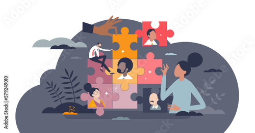 Community organization with work for social wellbeing tiny person concept, transparent background. Team members joined together in collaboration, partnership or connection.