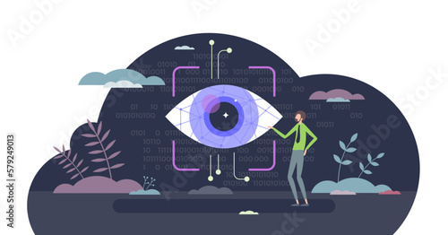 Computer vision for image recognition and understanding tiny person concept, transparent background. Image or video electronic identification, acquiring, processing and analyzing.