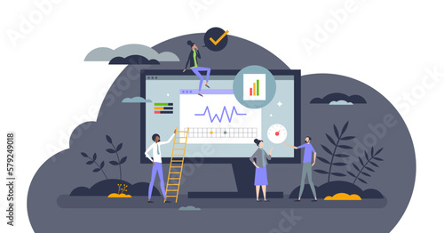Core web vitals and website performance evaluation tiny person concept, transparent background. Check business page speed, input delay, responsiveness, SEO or user traffic.