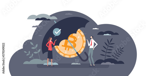 Crypto insurance and digital money protection from risks tiny person concept, transparent background. Safe financial assets deposit and security indemnity against losses illustration.
