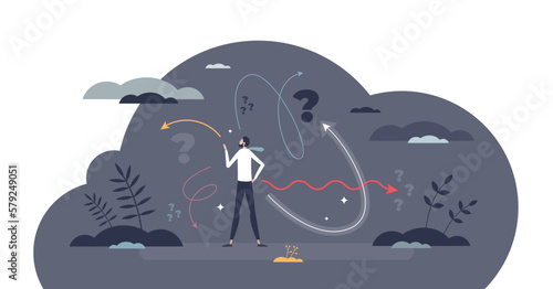 Decision making dilemma as choice confusion problem tiny person concept, transparent background. Various options to choose as difficult struggle for businessman illustration.