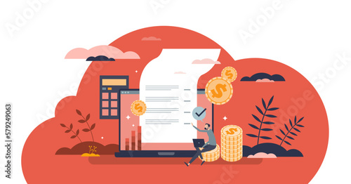 Debt management and financial money payments calculation tiny person concept, transparent background. Loan, credit and tax expense research and forecasting for revenue.