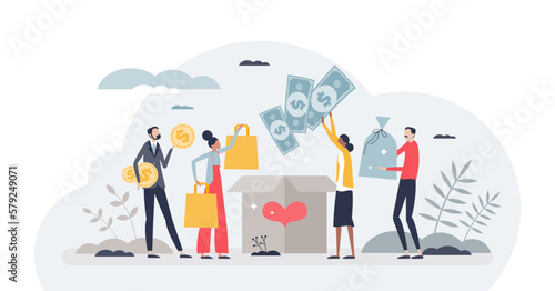 Donating to charitable organization and charity project tiny person concept, transparent background. Support poor and hunger with financial aid, assistance, help or contribution illustration.