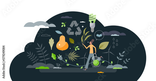 Eco life as ecological lifestyle as green resources usage tiny person concept, transparent background. Responsible and environmental materials usage for nature friendly shopping illustration.