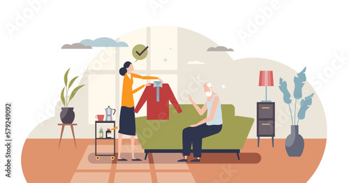 Elderly in home care as hospice for pensioner support tiny person concept, transparent background. Professional nursing assistance for retirement house seniors illustration.