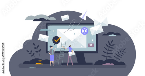 Email marketing as send digital mail for communication tiny person concept, transparent background. Network lettering, newsletters and receiving correspondence.