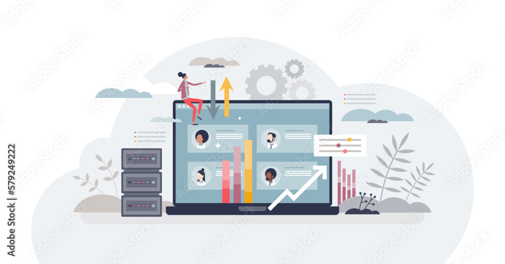 HR data platform and company employee database software tiny person concept, transparent background. Human resources work organization.