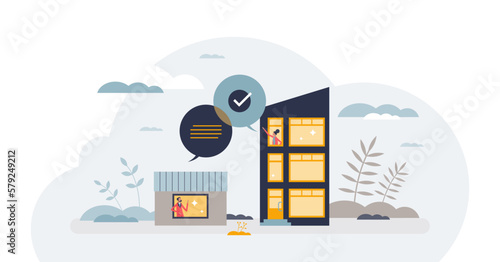 Hybrid work and working from home for flexible company tiny person concept, transparent background. Distant workplace with digital communication using videocall online solutions illustration.