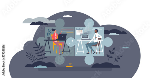 Hybrid work and workspace split with office and home tiny person concept  transparent background. Distant colleague communication and virtual connection.
