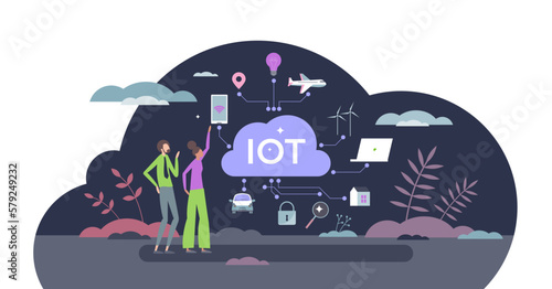IOT or internet of things as automated smart devices tiny person concept, transparent background. Technological network with wireless connection.