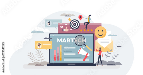 Martech or marketing technology for advertising automation tiny person concept, transparent background. Business platform for ads strategy analysis. photo