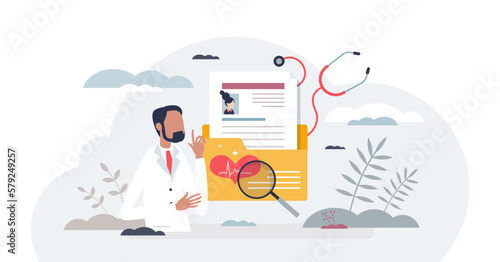 Medical history and record information about patient tiny person concept, transparent background.Health database folder with disease treatment, diagnosis or care paperwork illustration.