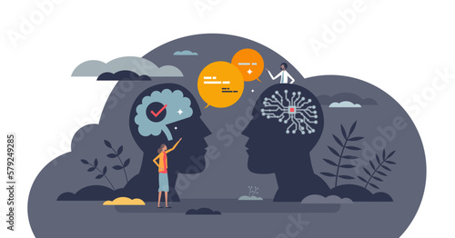 Natural language parsing or NLP for AI speech development tiny person concept, transparent background. Artificial intelligence learning to speak and write text from human mind example illustration.