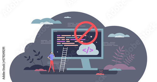No code platform for mobile applications programming tiny person concept, transparent background. Software development with easy tool illustration. Templates for beginner IT work and training tool.