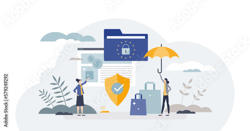 Omnibus directive as EU regulation for customer rights tiny person concept, transparent background. Buyer protection for safe online ecommerce shopping illustration. Client purchase warranty rules.