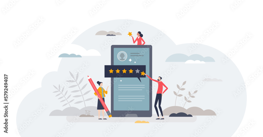 Sharing positive review or evaluate service with feedback tiny person concept, transparent background. Satisfaction rating for product quality with stars comment illustration. - obrazy, fototapety, plakaty 
