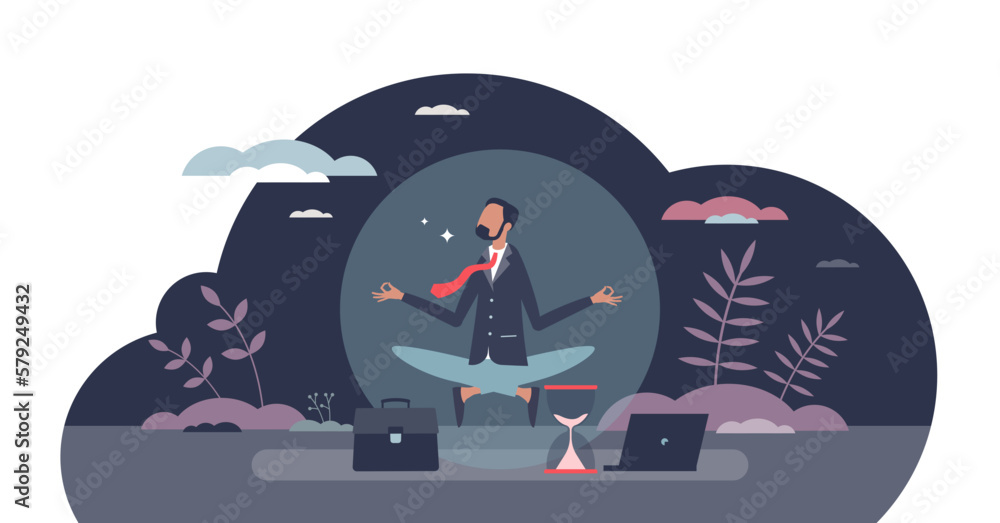 Stress management for businessman as emotional thoughts control tiny person concept, transparent background. Relaxation and calm attitude at work with mental yoga or meditation technique illustration. - obrazy, fototapety, plakaty 
