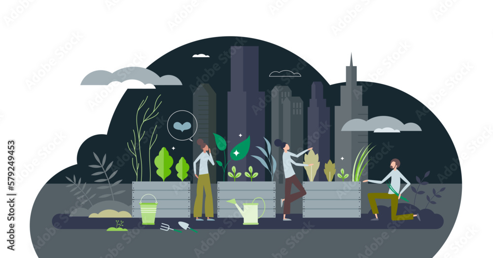 Sustainable city gardening and urban plant growing tiny person concept, transparent background. Green, environmental and nature friendly hobby to grow your own food for eating illustration.