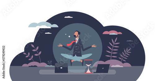 Stress management for businessman as emotional thoughts control tiny person concept, transparent background. Relaxation and calm attitude at work with mental yoga or meditation technique illustration.