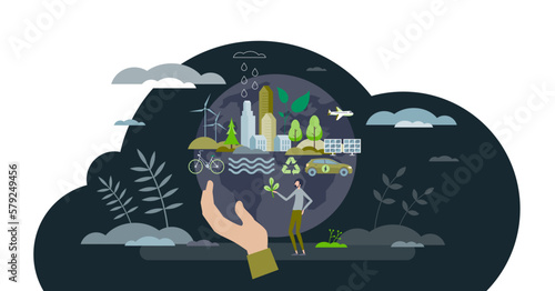 Sustainable eco city and ecological urban lifestyle tiny person concept, transparent background. Nature friendly and environmental resources for electricity, power, water and transportation.