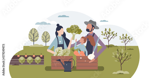 Sustainable lifestyle family with organic food growing tiny person concept  transparent background. Nature friendly  sustainable and environmental countryside with local food harvest.