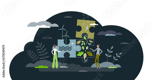 Sustainable solutions and ecological items combination tiny person concept, transparent background. Nature friendly power, renewable material usage and resources saving as guidelines.