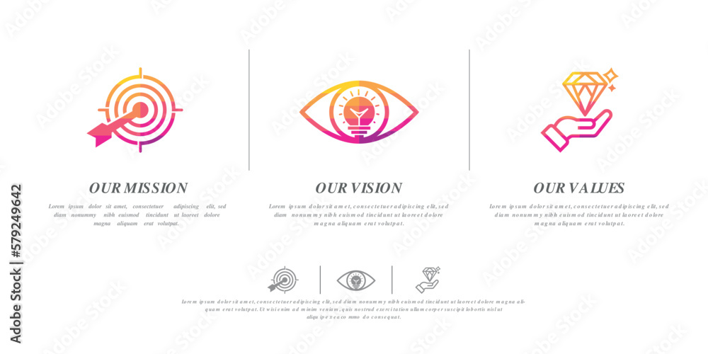 Fototapeta premium Mission Vision Values infographic Banner template. Company goal infographic design with Modern flat icon design. vector illustration infographic icon design banner
