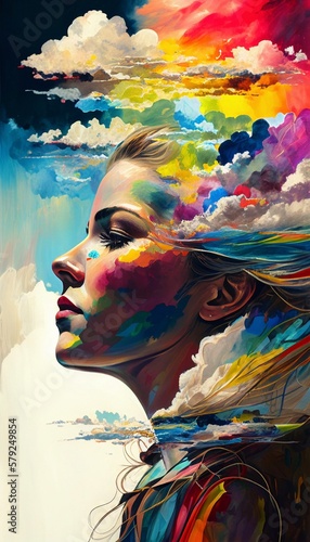 Art of a beautiful female face with paints abstraction