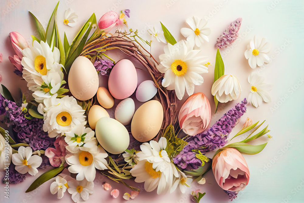 Easter background with copy space. Eggs, flowers, pastel colors illustration top view generative AI, generative, ai Easter background with copy space. Eggs, flowers, pastel colors illustration top view generative AI, generative, ai