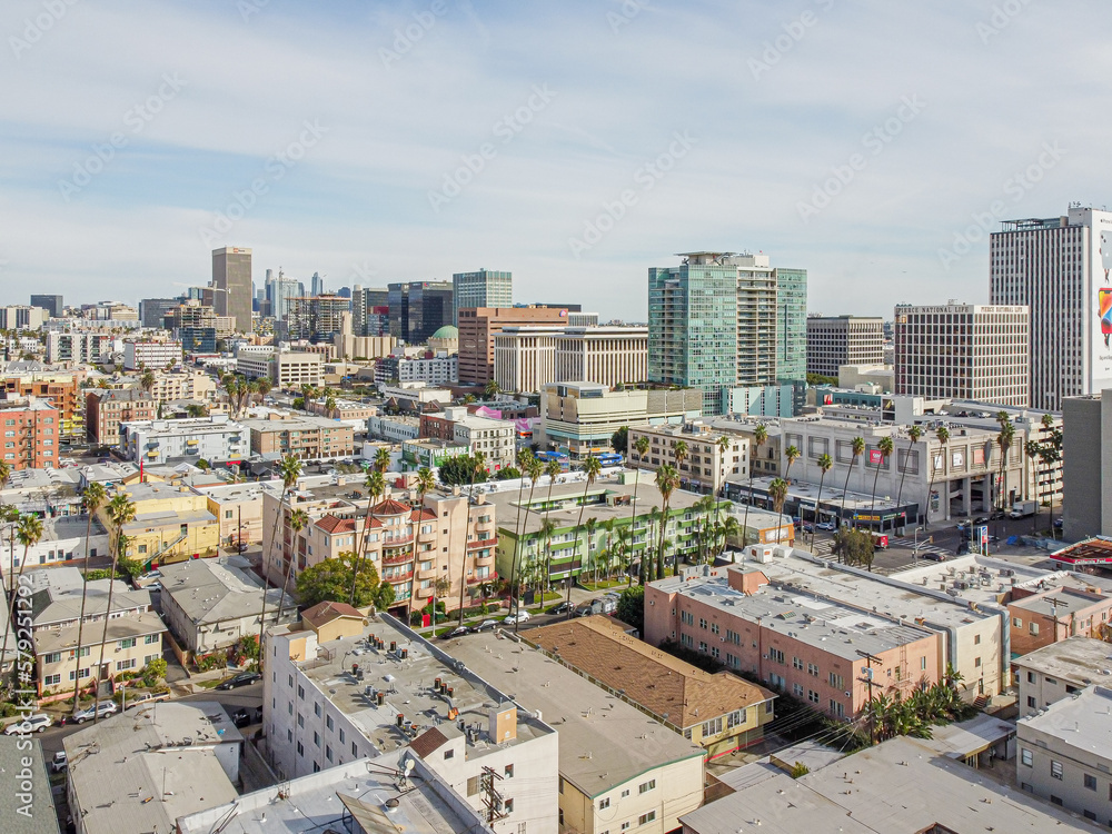 Los Angeles, California – February 17, 2023: aerial city view drone photo toward Western Ave and Wilshire Blvd in Korea town LA showing Korean shops, apartments, homes, streets, buildings
