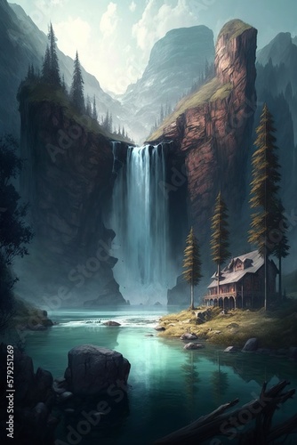 illustration  impressive landscape including a mysterious waterfall  generative ai