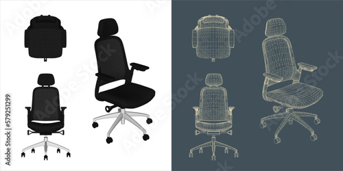 Vector modern Office chair ergonomic in various points of view. blue print isolated background