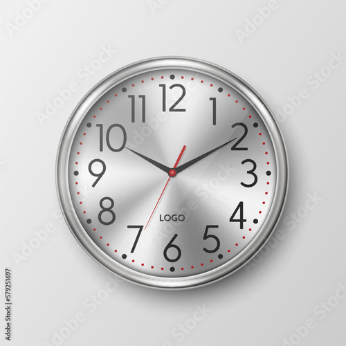 Vector 3d Realistic Simple Round Gray Silver Wall Office Clock with White Dial Icon Closeup Isolated on White Backgound. Design Template, Mock-up for Branding, Advertise. Front, Top View