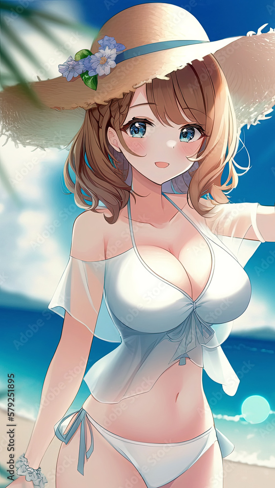 Sexy anime girl with big breasts on beach in summer on vacation. Manga  style. Generative AI Stock-Illustration | Adobe Stock