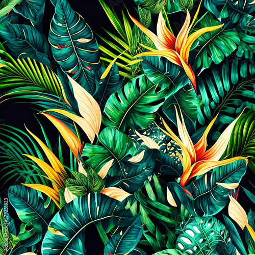 Beautiful colorful tropical leaves. Abstract background or wallpaper. Printable artwork. Generative AI.