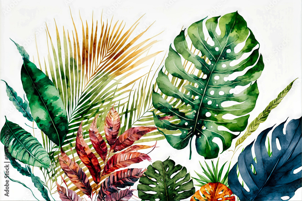 Obraz premium Beautiful colorful tropical leaves. Abstract background or wallpaper. Printable artwork. Generative AI.