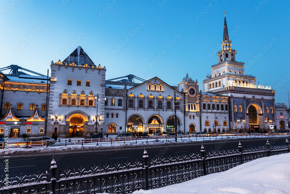The complex of buildings of the Kazan railway station on Komsomolskaya Square in the early morning. Moscow, Russia