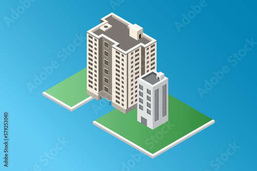 isometric commercial building smart modern city residential vector illustration on blue gradient